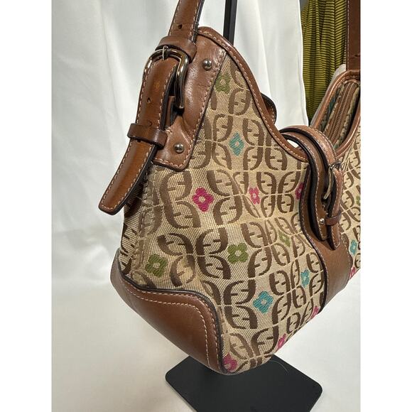Vintage Fossil Handbag Y2K Leather & Canvas With Floral Design Small Tan - Picture 4 of 10